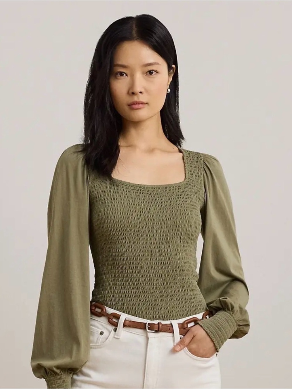 Lauren Ralph Lauren Smocked Jersey Blouson-Sleeve Olive Green Top Size XL